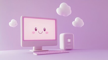 Wall Mural - A cute computer setup with a smiling screen and fluffy clouds in a pastel environment.