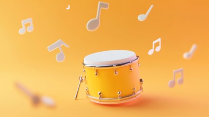 Canvas Print - A vibrant yellow drum surrounded by musical notes on an orange background.