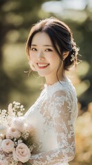 Young beautiful cheerfyl asian bride young woman holding white flowers in elegant lacy dress