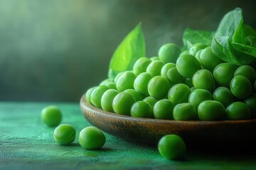 artful still life of fresh green peas spilling from a glass jar onto a soft pastel surface vibrant color contrast and delicate composition highlight the natural beauty of the produce