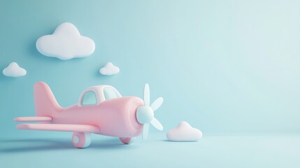 Wall Mural - A pastel-colored toy airplane surrounded by fluffy clouds on a soft blue background.