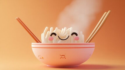 Poster - A cheerful bowl of noodles with chopsticks and steam, conveying warmth and enjoyment.