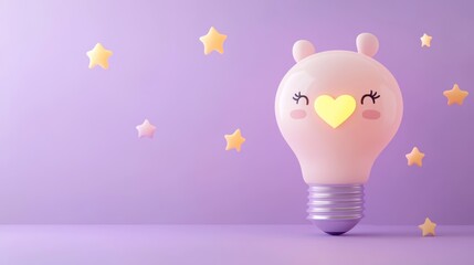 Wall Mural - A cute light bulb character with a heart and stars against a pastel purple background.