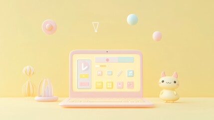 Wall Mural - A pastel-themed workspace featuring a laptop, cute animal figure, and decorative elements.