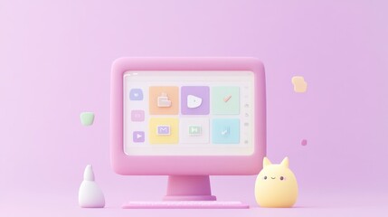 Canvas Print - A cute, pastel-themed computer setup with playful icons and characters.