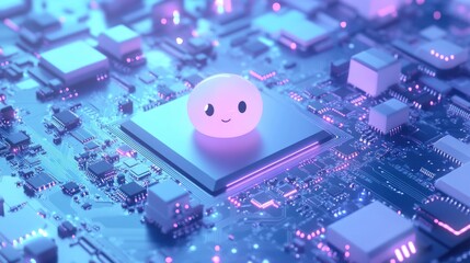 Sticker - A cute, smiling character on a circuit board, symbolizing technology and innovation.