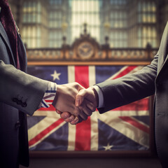 Two businessmen shake hands in front of a British flag inside a formal building, symbolizing agreement, partnership, or diplomacy in the UK