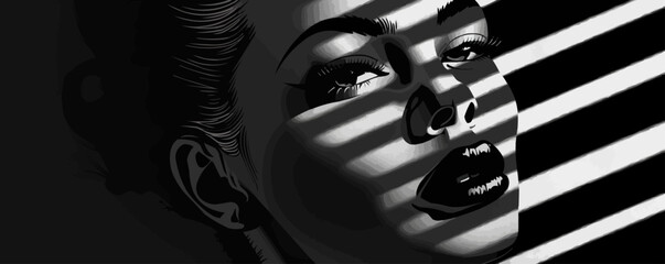 Wall Mural - Noir film style portrait with high contrast and dramatic shadows, flat portrait, vector illustration.