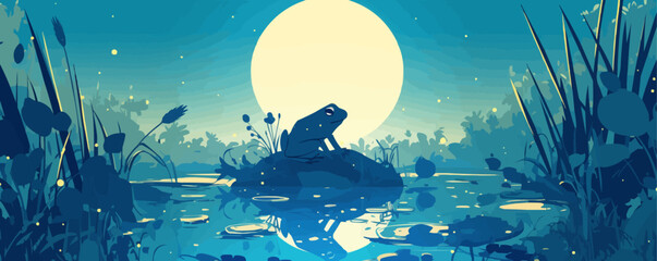 Canvas Print - Frog silhouette against a moonlit pond backdrop. Vector flat minimalistic isolated illustration.