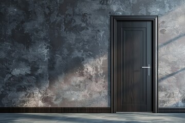 Doors for modern interior. Closed wooden door, metallic handle in the empty room. Copy space. Panel door, gray wall, white baseboard and wood floor. Element of apartment design. Swing interior door.