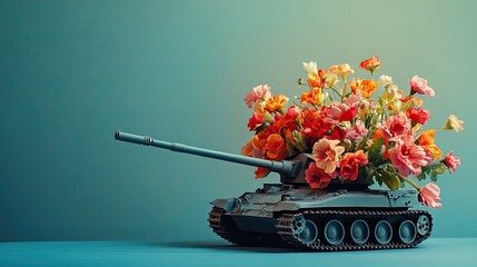 Tank firing flowers against blue background