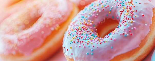 Wall Mural - Close-up of pink frosted donuts with