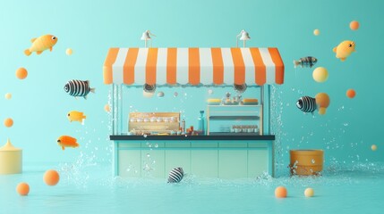 A whimsical aquatic-themed kiosk with colorful fish and floating elements.