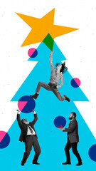 Contemporary art collage. Scaling eights of success like holiday star, coworkers show that business and festive cheer can go hand in hand, reaching new goals together. Concept of celebration mood.