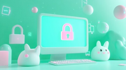 Wall Mural - A pastel-themed digital workspace featuring playful elements like bunnies and a lock symbol.