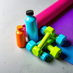 A collection of fitness equipment, such as dumbbells, a yoga mat, and a water bottle, representing an active and healthy lifestyle.