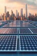 © Tanakorn - A rooftop covered with solar panels overlooks a city skyline at sunset, showcasing renewable energy's role in urban landscapes.