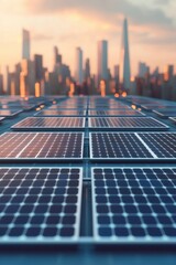 A rooftop covered with solar panels overlooks a city skyline at sunset, showcasing renewable energy's role in urban landscapes.