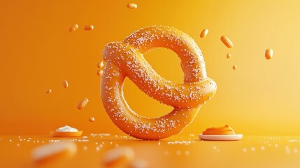 Wall Mural - A stylized pretzel with toppings against an orange background, emphasizing food aesthetics.