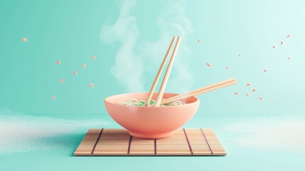 Canvas Print - A steaming bowl of noodles with chopsticks on a bamboo mat, creating a cozy dining atmosphere.