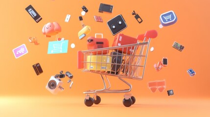 Canvas Print - A shopping cart filled with colorful products, surrounded by floating icons representing online shopping.