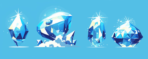 Wall Mural - Design a conceptual illustration of a diamond's journey from rough stone to polished gem, depicting the stages of cutting and refining. Vector flat minimalistic isolated illustration