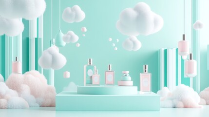 Wall Mural - A pastel-themed display featuring various perfume bottles amidst fluffy clouds.