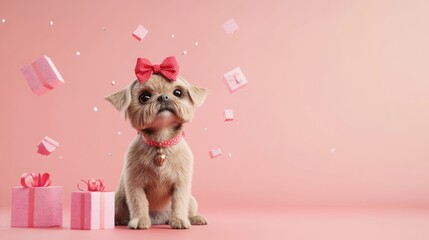 Sticker - A cute dog with a bow sits among pink gift boxes on a pastel background.