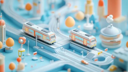 Poster - A colorful 3D scene featuring trams navigating a stylized urban landscape.