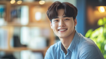 Confident cheerful asian korean young business man guy smiling at camera in light modern office