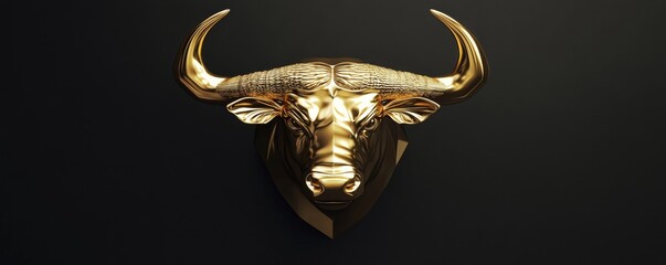 Wall Mural - Gold bull head sculpture on dark background