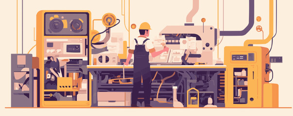 Create an illustration of an engineer inspecting machinery in a factory, highlighting technical expertise and industrial settings. Vector flat minimalistic isolated illustration.