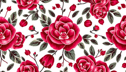 Wall Mural - Seamless pattern with burgundy flowers and leaves. Hand drawn background.  floral pattern for wallpaper or fabric. Flower rose. Botanic Tile isolated with white highlights, png