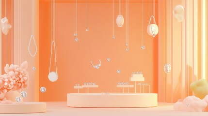 Wall Mural - A pastel-colored display showcasing elegant jewelry pieces in a minimalist setting.