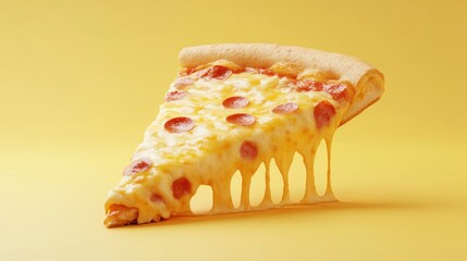 Canvas Print - A slice of pepperoni pizza with gooey cheese on a bright yellow background.