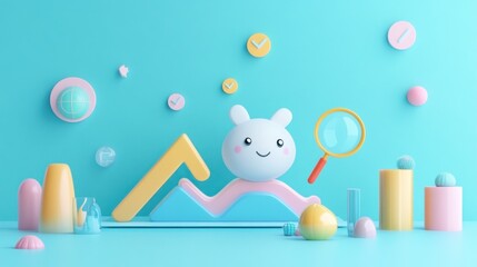 Wall Mural - A playful 3D scene with a cute character and colorful geometric shapes.