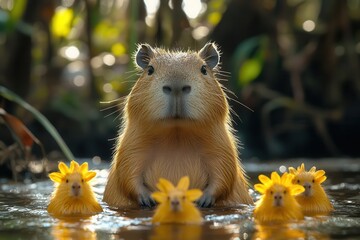 charming closeup portrait of curious capybara warm golden hour lighting lush tropical foliage background textured fur details