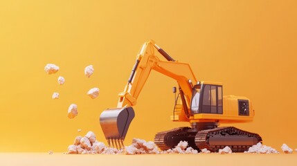 Wall Mural - A yellow excavator digging through a pile of rocks against a bright orange background.