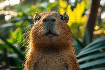 charming closeup portrait of curious capybara warm golden hour lighting lush tropical foliage background textured fur details