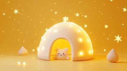 Wall Mural - A cozy igloo with a cute character and glowing stars in a warm, inviting atmosphere.