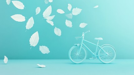 Sticker - A minimalist scene featuring a light blue bicycle with floating white leaves.