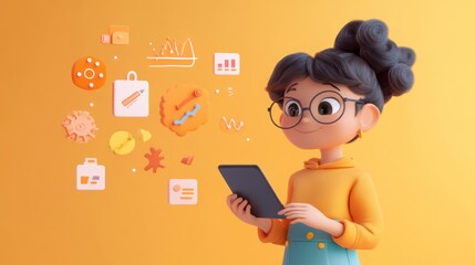 Poster - A 3D character interacts with a tablet, surrounded by various icons representing technology.