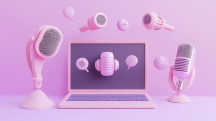 Poster - A playful arrangement of microphones and a laptop on a pink background, suggesting audio content creation.