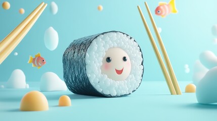 Wall Mural - A cute sushi roll character surrounded by playful elements in a vibrant setting.