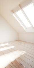 Empty attic room with wooden floor and two large skylights.