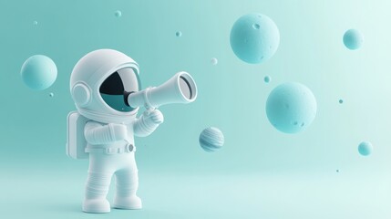 Wall Mural - a whimsical astronaut character observing floating celestial bodies with a telescope.