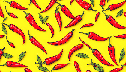 Red hot chilli peppers pattern on yellow background. Flat lay isolated with white highlights, png