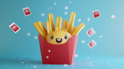 Wall Mural - A cheerful cartoon fry character peeks out from a red container, surrounded by sauce packets.