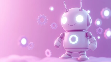 Wall Mural - A cute robot character with glowing eyes and gears in a colorful, whimsical background.