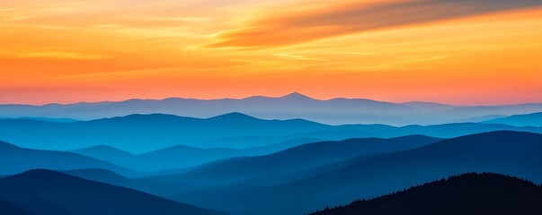 Poster - Sunset over layered mountain range with vibrant